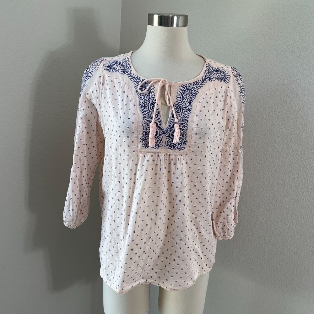 Lucky Brand Womens Medium Embroidered Peasant Blouse Tassel‎ Tie Neck Shirt Top
